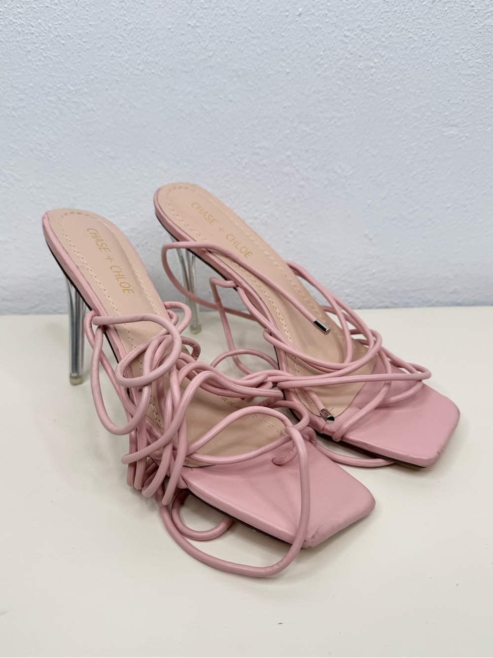 Chase + Chloe Gia Pink Lace-Up Strappy Square Toe Stiletto Heels Womens